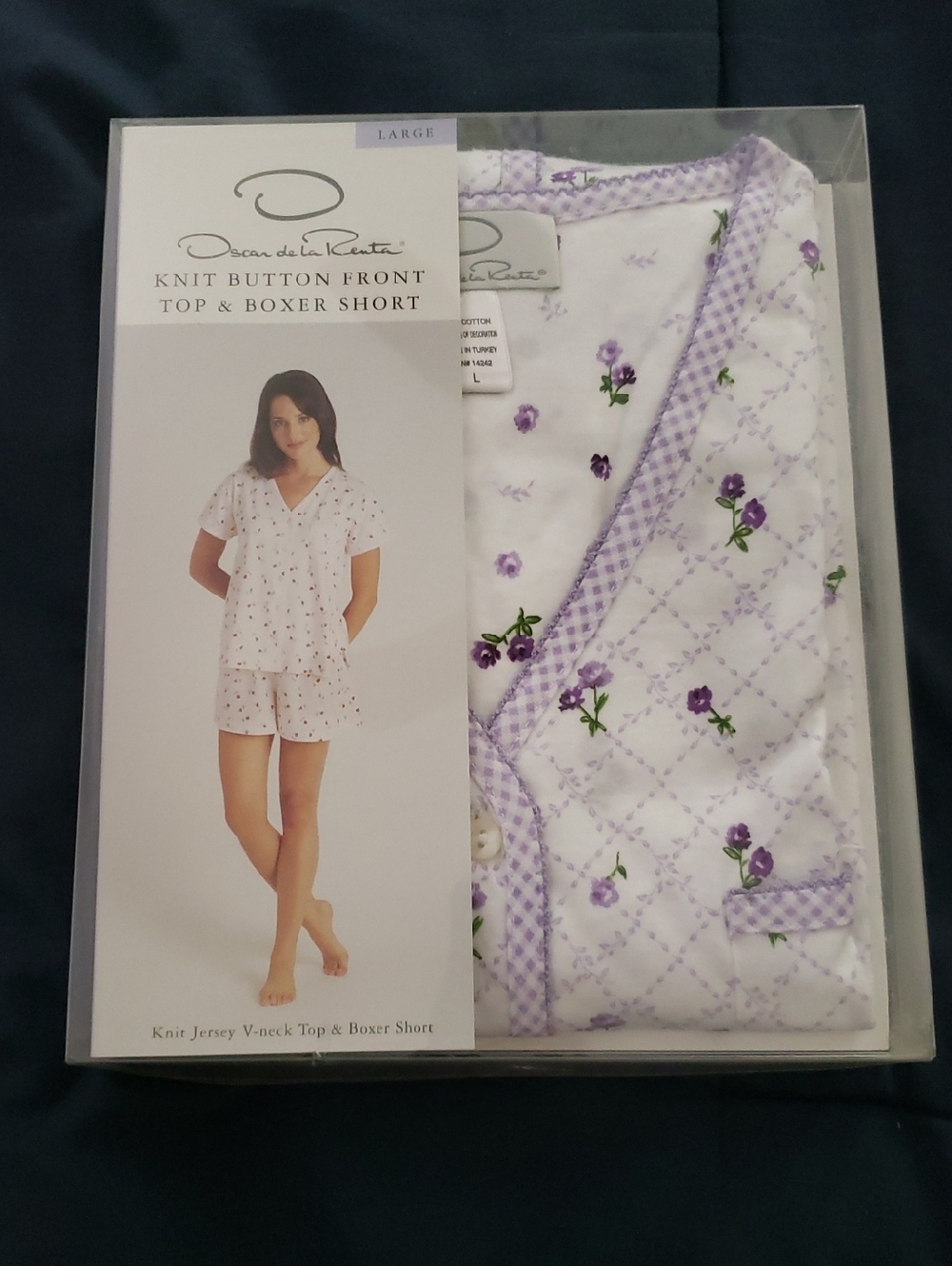 NWT Osca de la Renta Women's Lavender Floral Knit Button Front Top & Boxer Short